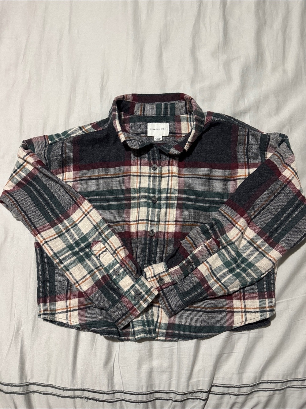American Eagle Plaid Flannel Shirt in Green and Burgundy